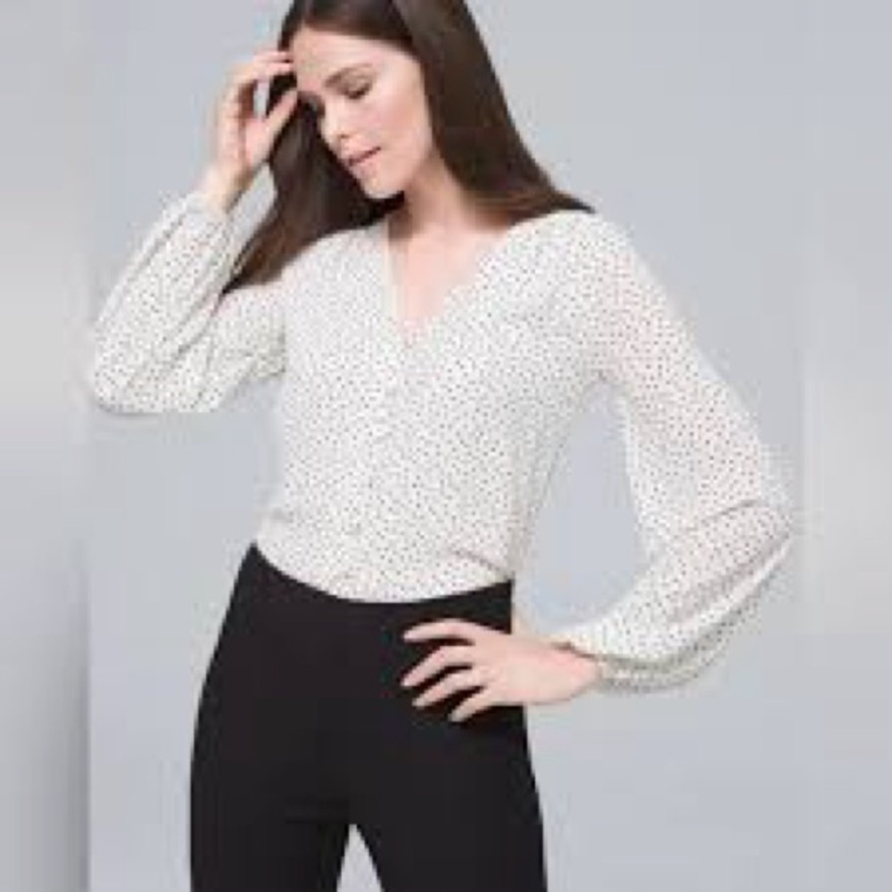 White House Black Market White Blouse with Black Dots. Size 2